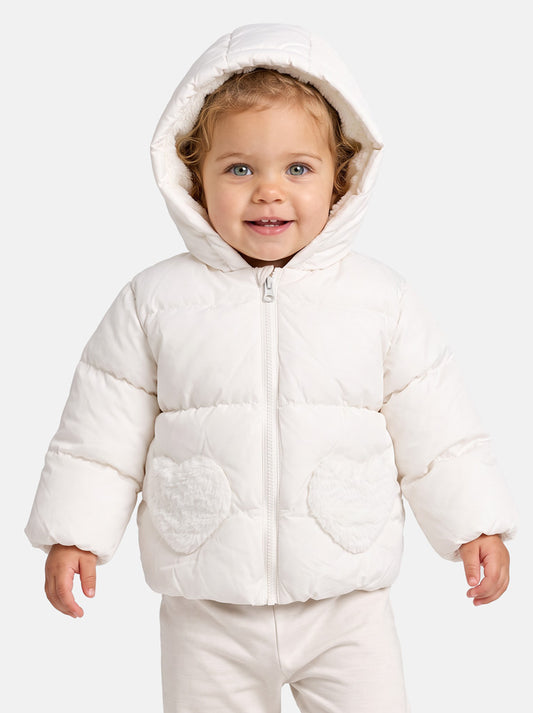 Baby Girl Padded Hooded Coat with Furry Heart Pockets - White