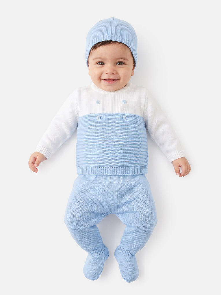 Baby Boy Round Neck Two-Tone Knitted 3-piece Gift Box Set - Baby Blue & White