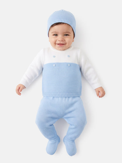 Baby Boy Round Neck Two-Tone Knitted 3-piece Gift Box Set - Baby Blue & White