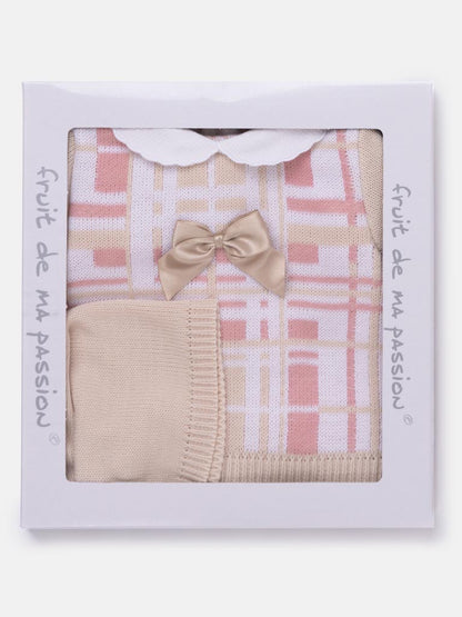 Baby Girl 3-piece Check Knit Gift Box Set - Beige