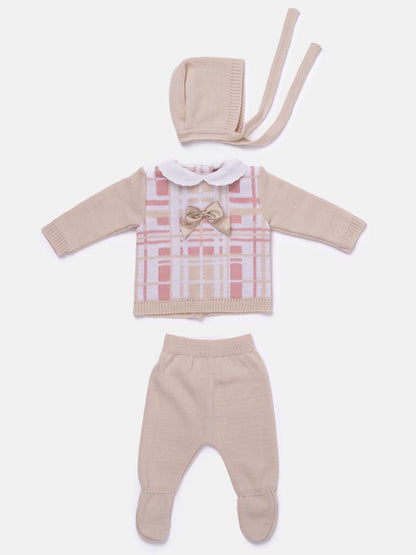 Baby Girl 3-piece Check Knit Gift Box Set - Beige