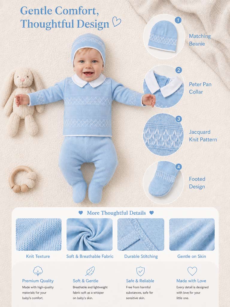 Baby Boy Contrast Smart Collar 3-Piece Knitted Gift Box Set - Baby Blue