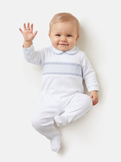 Cotton Baby Grow with Smocked Detail - White & Baby Blue