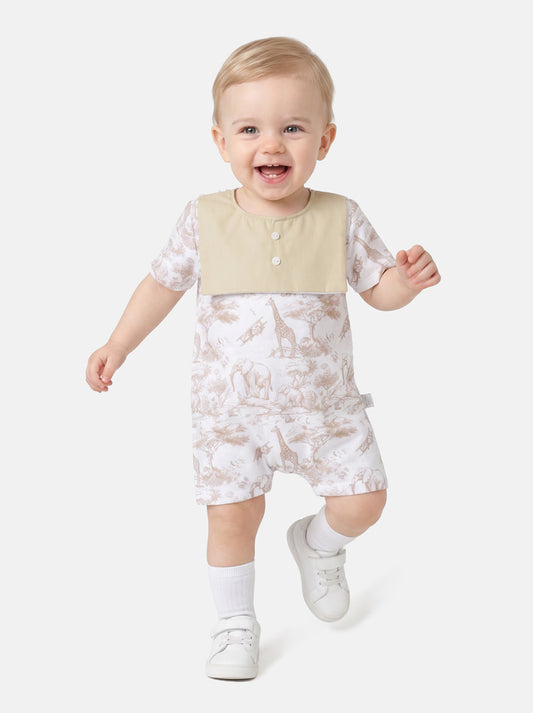 Baby Summer Pyjama with Attached Bib - Safari Collection - Beige