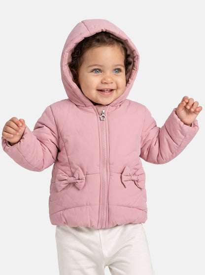 Baby Girl Padded Hooded Coat with 2 Bows - Light Dusty Pink