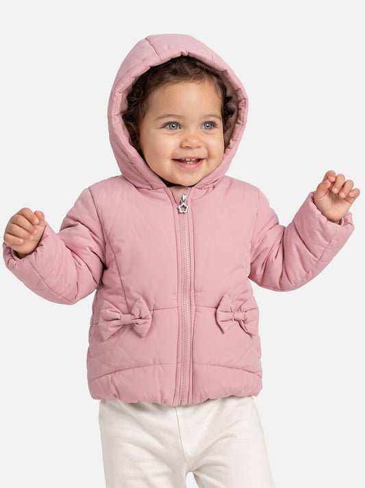 Baby Girl Padded Hooded Coat with 2 Bows - Light Dusty Pink