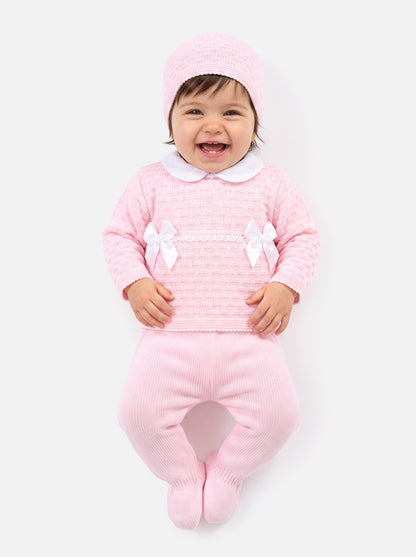 Baby Girl Twin Satin Bow Knitted 3-piece Gift Box Set - Baby Pink