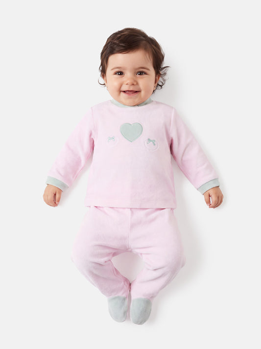 Baby Girl Flavia Collection 2-Piece Velour Pyjama Set with Heart Design - Baby Pink