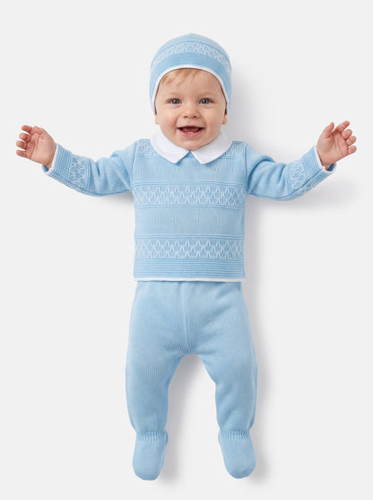 Baby Boy Contrast Smart Collar 3-Piece Knitted Gift Box Set - Baby Blue