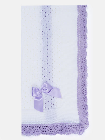 Baby Open Dot Knitted Spanish Blanket with Bow - White & Purple