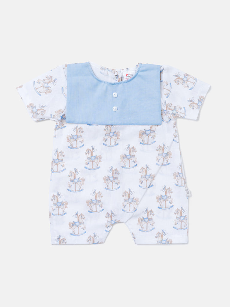 Baby Summer Pyjama with Attached Bib - Rocking Horse Collection - Baby Blue