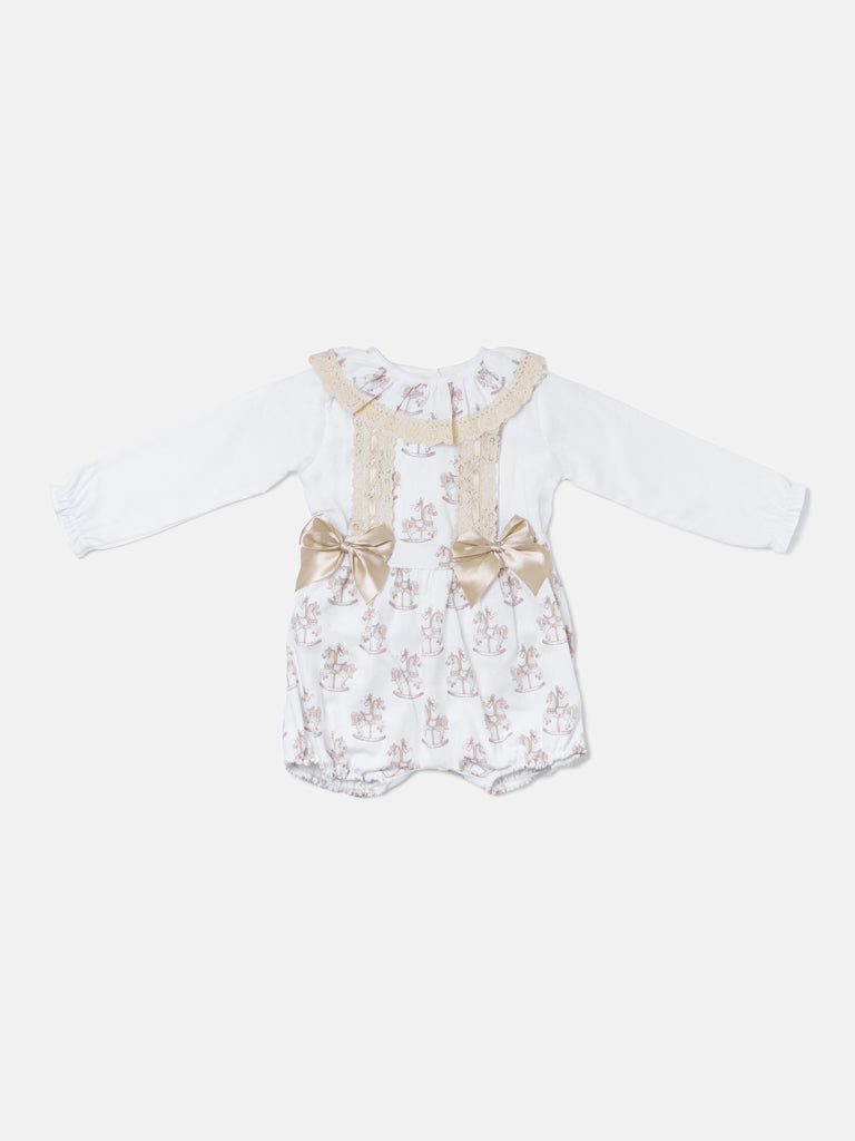 Baby Girl 2-piece Romper Set with Long Sleeves - Rocking Horse Collection - Beige