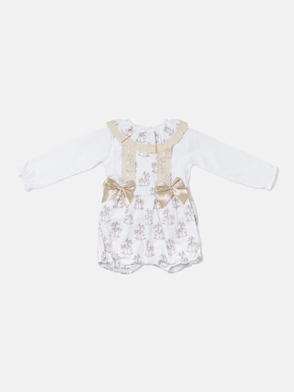 Baby Girl 2-piece Romper Set with Long Sleeves - Rocking Horse Collection - Beige