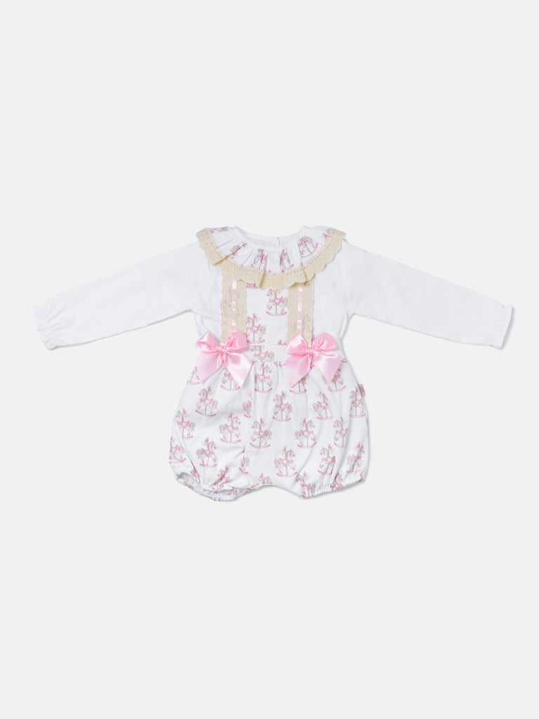 Baby Girl 2-piece Romper Set with Long Sleeves - Rocking Horse Collection - Baby Pink