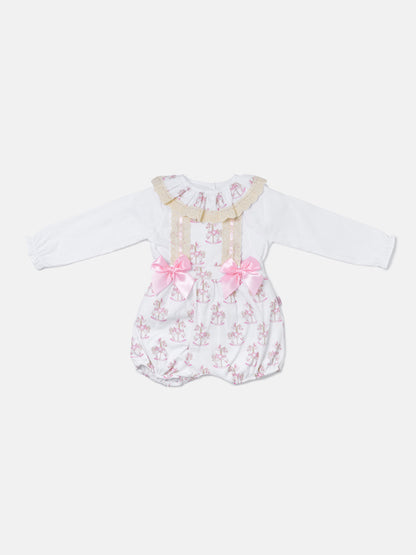 Baby Girl 2-piece Romper Set with Long Sleeves - Rocking Horse Collection - Baby Pink