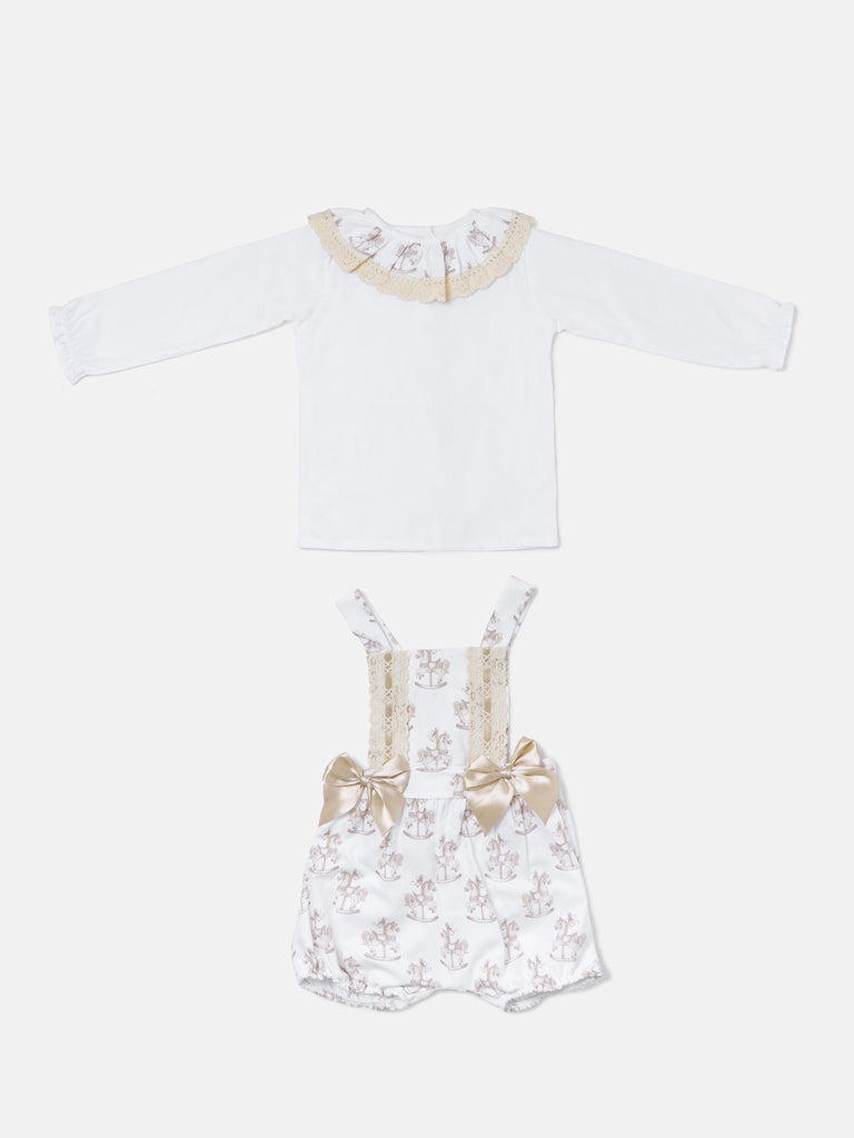 Baby Girl 2-piece Romper Set with Long Sleeves - Rocking Horse Collection - Beige