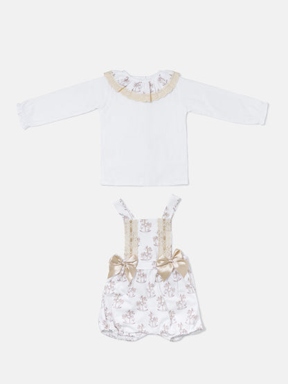 Baby Girl 2-piece Romper Set with Long Sleeves - Rocking Horse Collection - Beige