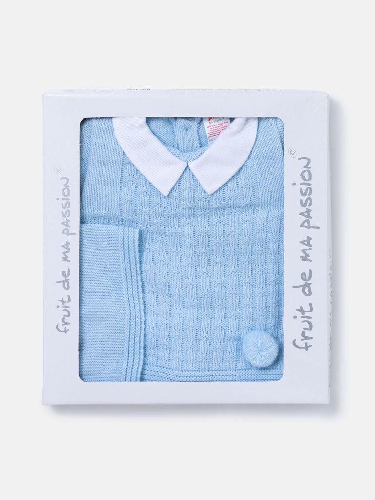 Baby Boy Traditional Pom Pom 3-piece Knitted Gift Box Set - Baby Blue