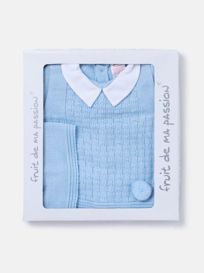 Baby Boy Traditional Pom Pom 3-piece Knitted Gift Box Set - Baby Blue