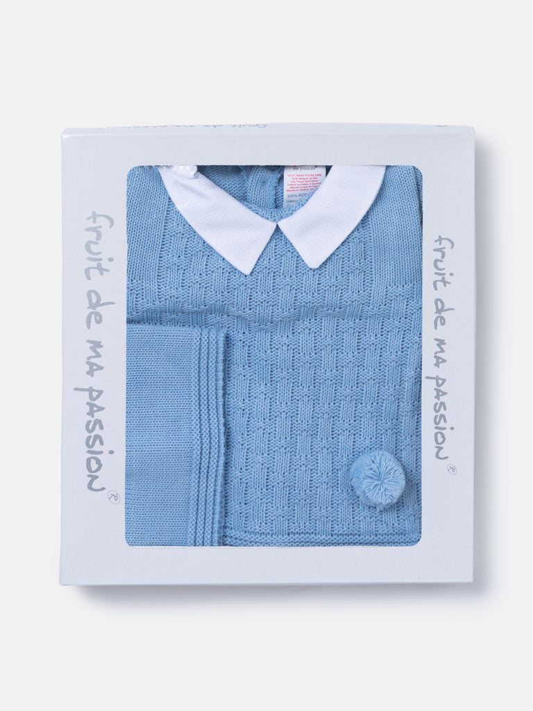Baby Boy Traditional Pom Pom 3-piece Knitted Gift Box Set - Light Blue
