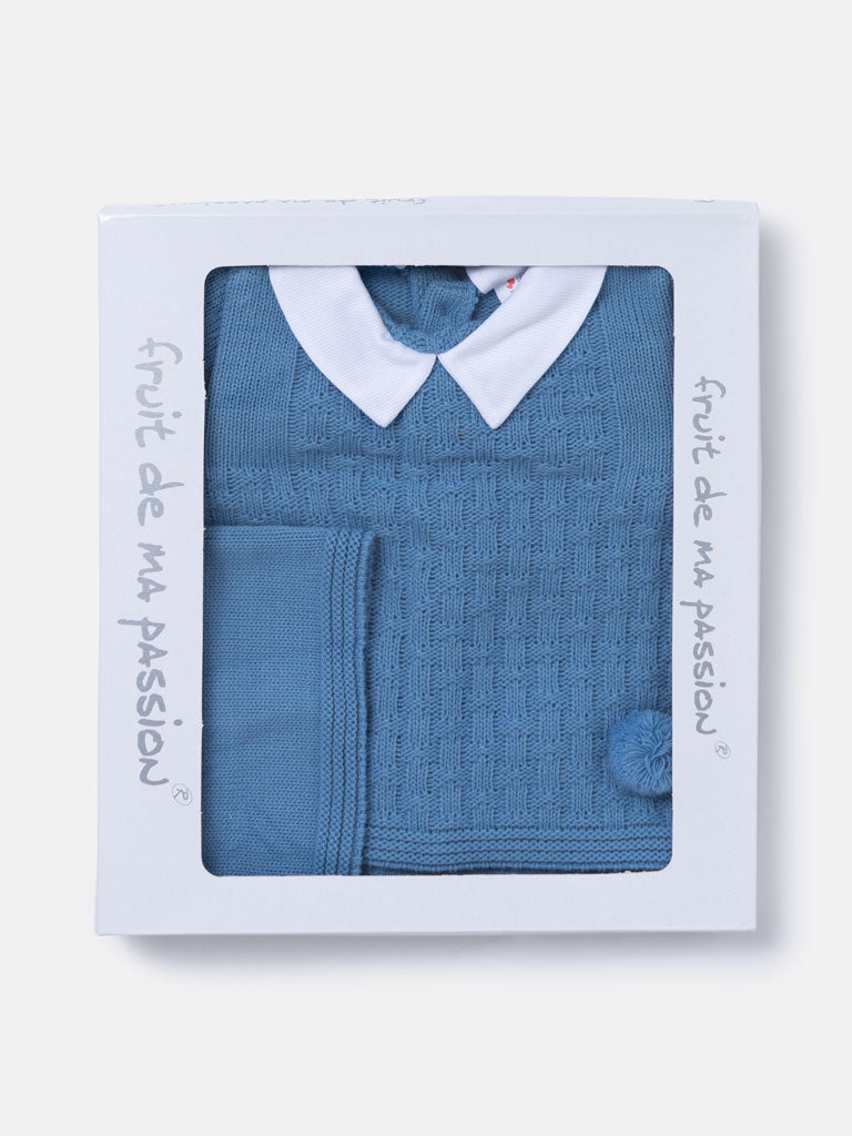 Baby Boy Traditional Pom Pom 3-piece Knitted Gift Box Set - Blue