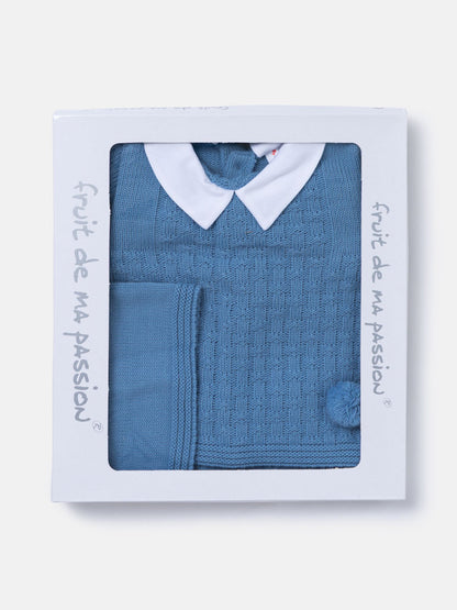 Baby Boy Traditional Pom Pom 3-piece Knitted Gift Box Set - Blue