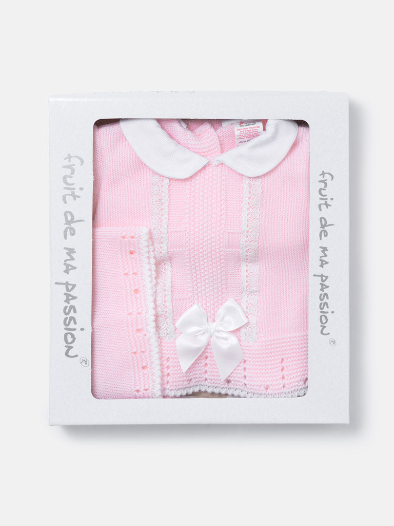 Baby Girl Lace Panel 3-piece Knitted Gift Box Set - Baby Pink