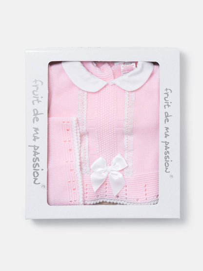Baby Girl Lace Panel 3-piece Knitted Gift Box Set - Baby Pink