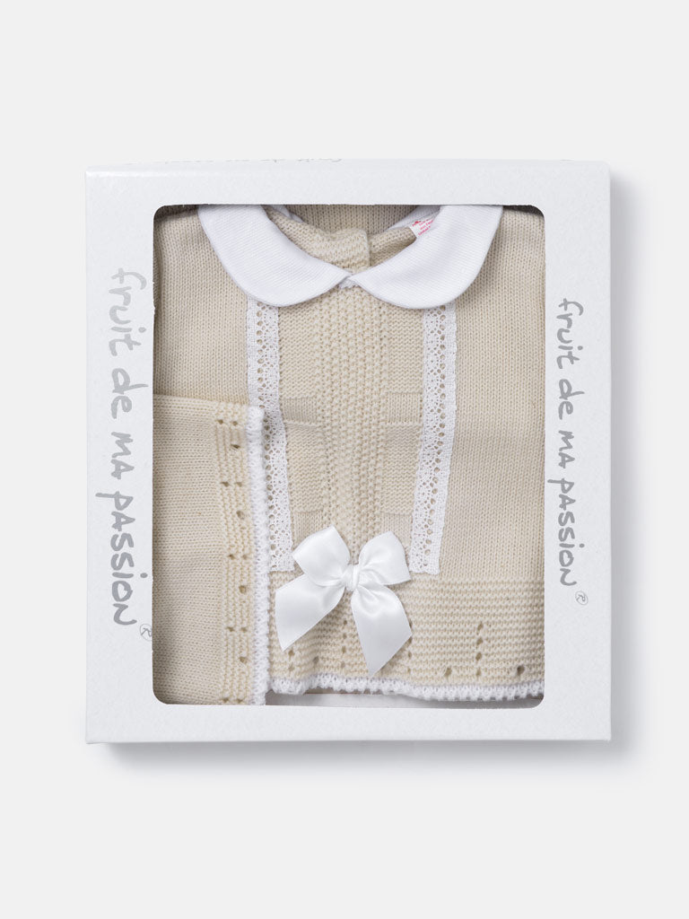 Baby Girl Lace Panel 3-piece Knitted Gift Box Set - Beige