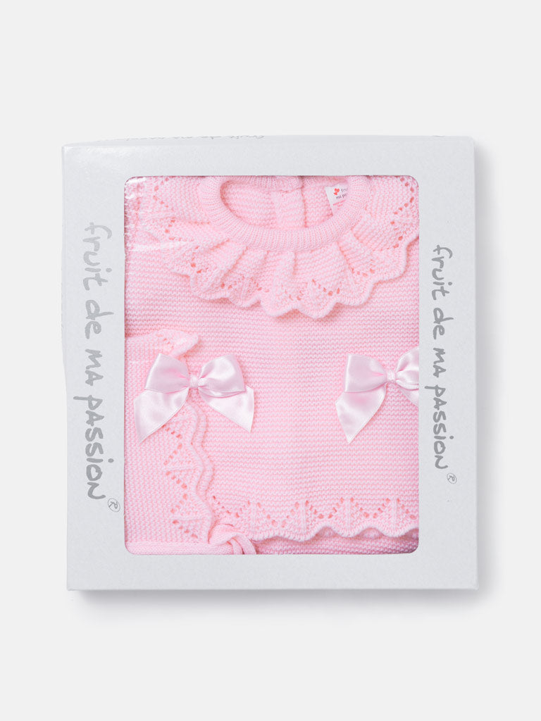 Baby Girl Ruffle Collar 3-piece Knitted Gift Box Set - Baby Pink