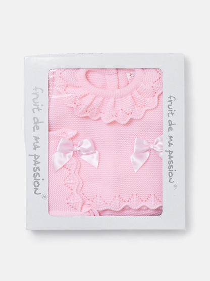 Baby Girl Ruffle Collar 3-piece Knitted Gift Box Set - Baby Pink