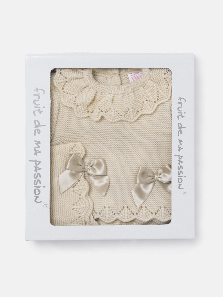 Baby Girl Ruffle Collar 3-piece Knitted Gift Box Set - Beige