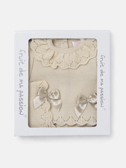 Baby Girl Ruffle Collar 3-piece Knitted Gift Box Set - Beige