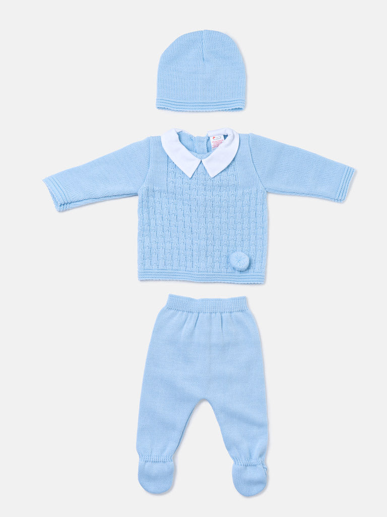 Baby Boy Traditional Pom Pom 3-piece Knitted Gift Box Set - Baby Blue