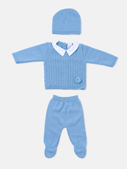 Baby Boy Traditional Pom Pom 3-piece Knitted Gift Box Set - Light Blue