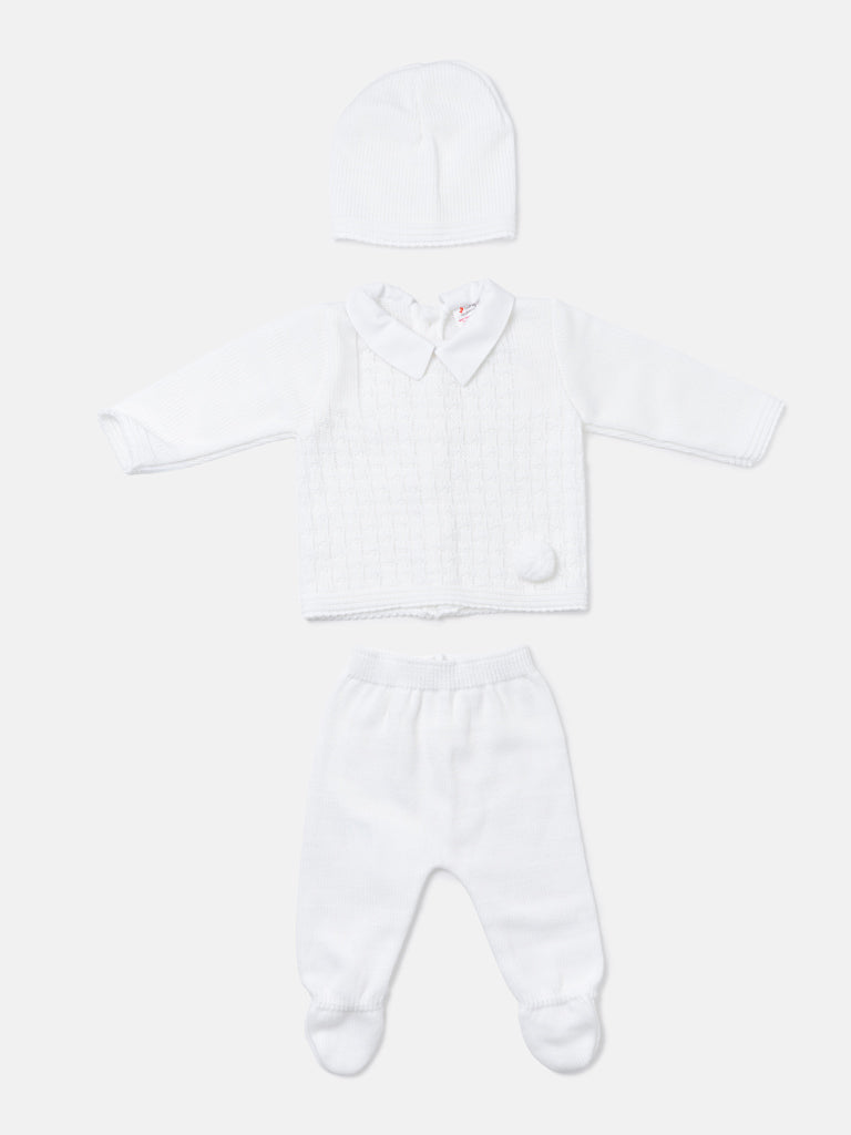 Baby Boy Traditional Pom Pom 3-piece Knitted Gift Box Set - Ivory