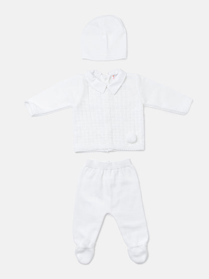 Baby Boy Traditional Pom Pom 3-piece Knitted Gift Box Set - Ivory