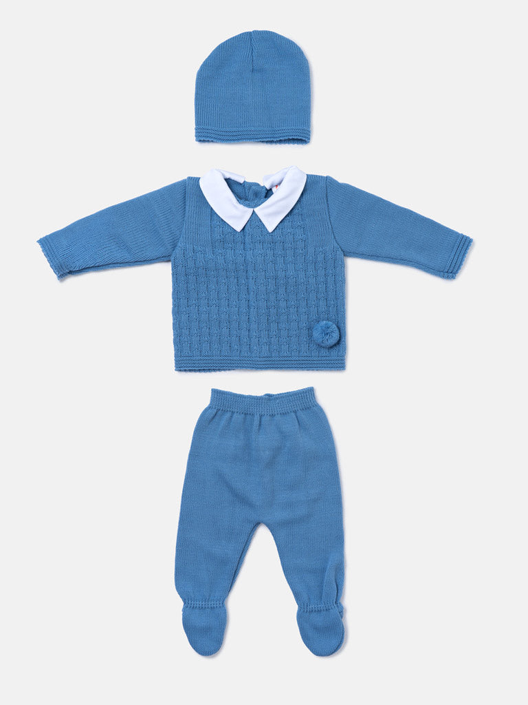 Baby Boy Traditional Pom Pom 3-piece Knitted Gift Box Set - Blue