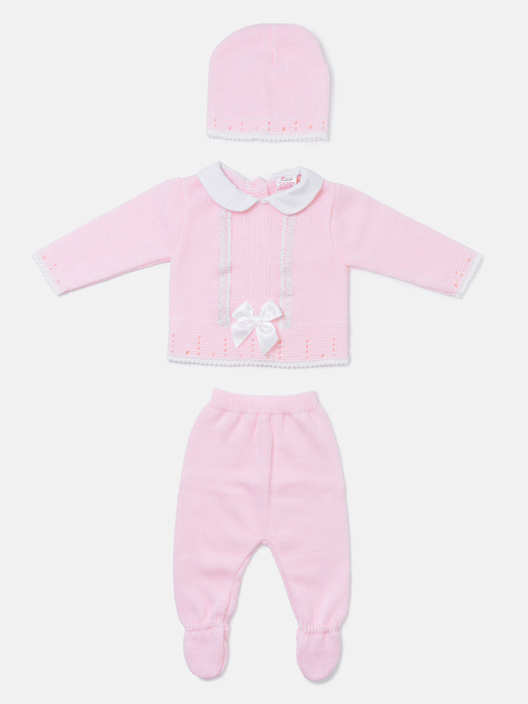 Baby Girl Lace Panel 3-piece Knitted Gift Box Set - Baby Pink