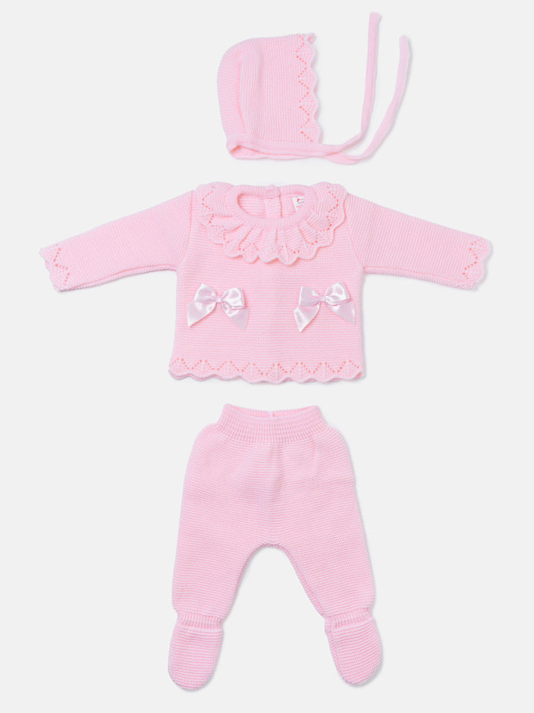Baby Girl Ruffle Collar 3-piece Knitted Gift Box Set - Baby Pink