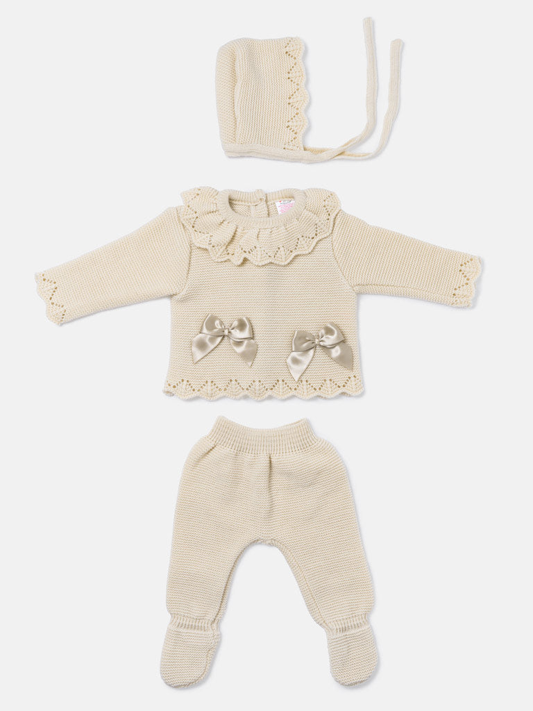 Baby Girl Ruffle Collar 3-piece Knitted Gift Box Set - Beige