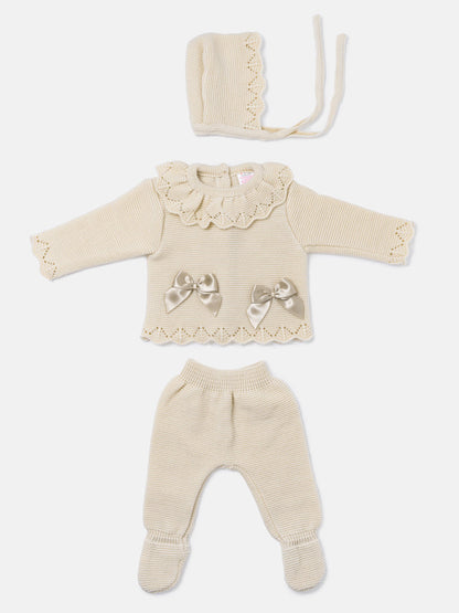 Baby Girl Ruffle Collar 3-piece Knitted Gift Box Set - Beige