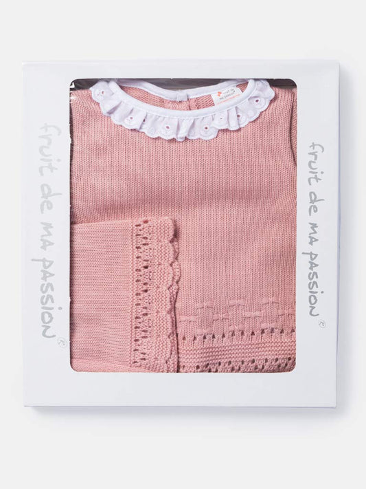 Baby Girl 3-Piece Knitted Lace Frill Collar Gift Box Set - Dusty Pink