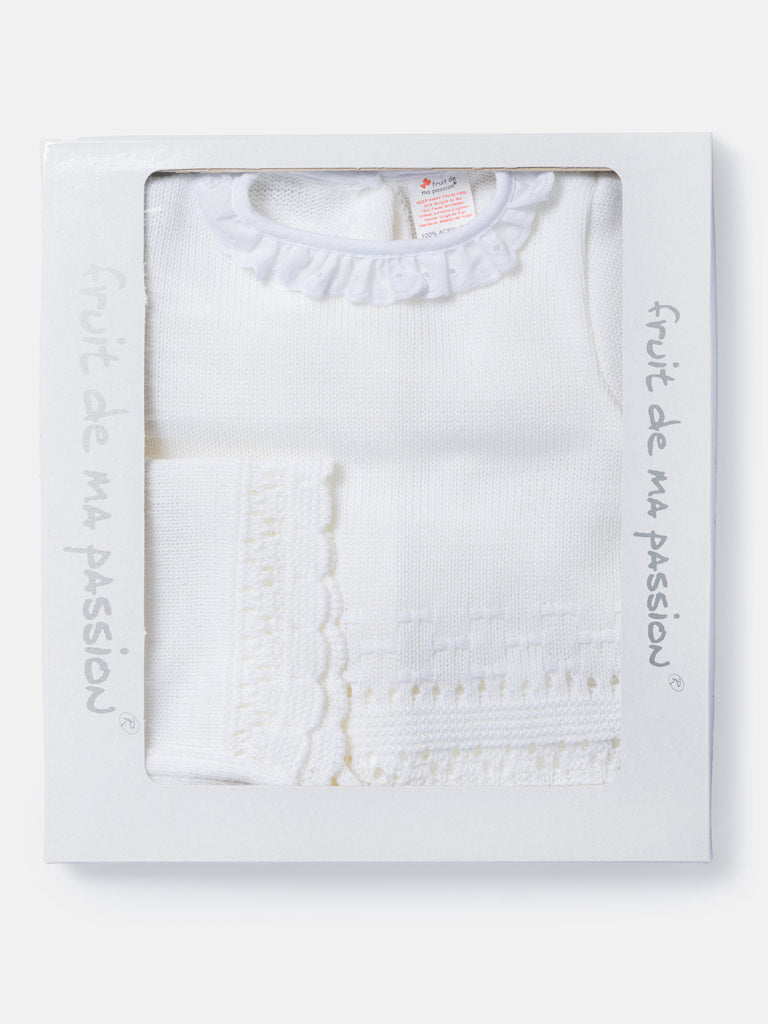 Baby Girl 3-Piece Knitted Lace Frill Collar Gift Box Set - Ivory