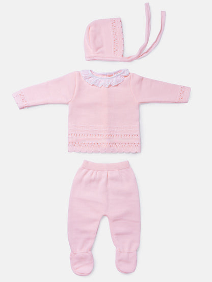 Baby Girl 3-Piece Knitted Lace Frill Collar Gift Box Set - Baby Pink