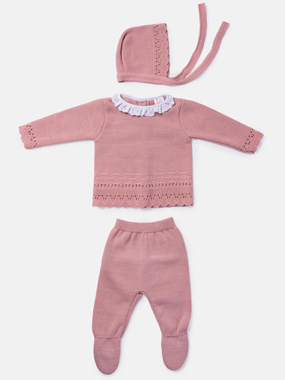 Baby Girl 3-Piece Knitted Lace Frill Collar Gift Box Set - Dusty Pink