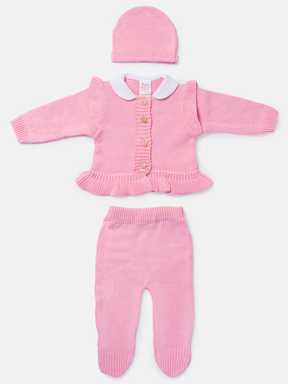 Baby Girl 3-Piece Knitted Set with Ruffled Hem - Rose Pink