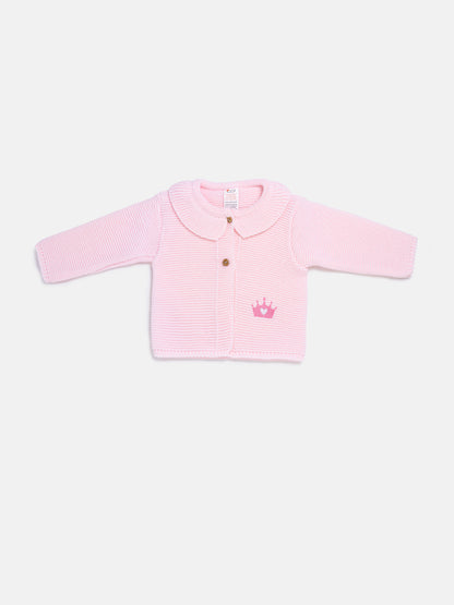 Baby Girl Princess Knitted Cardigan with Embroidered Crown - Baby Pink