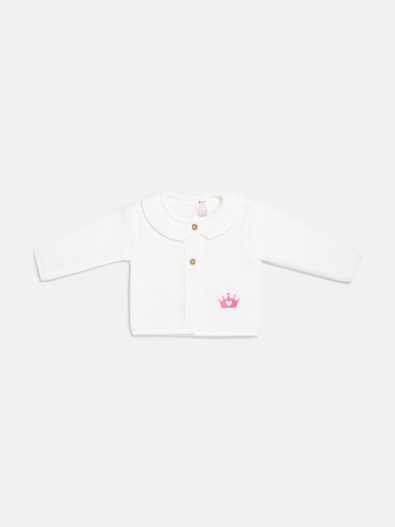 Baby Girl Princess Knitted Cardigan with Embroidered Crown - Ivory