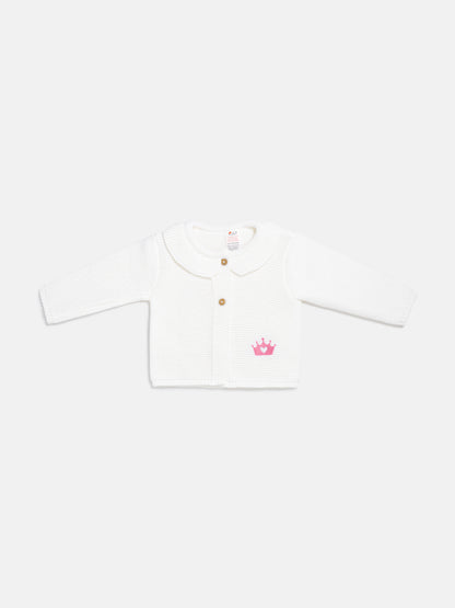 Baby Girl Princess Knitted Cardigan with Embroidered Crown - Ivory